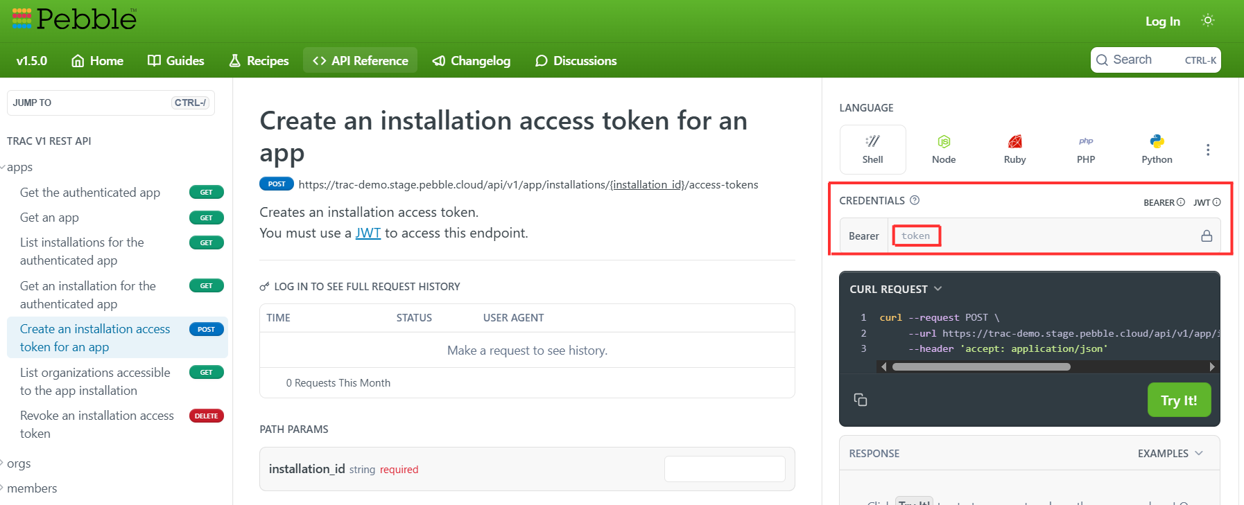 screenshot showing the create an installation token page on ReadMe, where the token name has been framed in red.